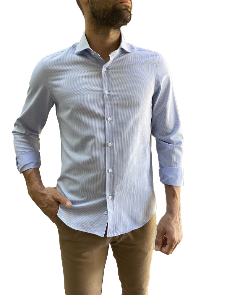 Ανδρικό σιέλ ριγέ πουκάμισο με γιακά 1820 φωτογραφία